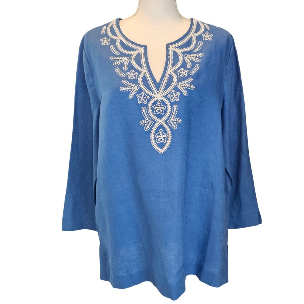 Pappagallo Linen Top Large Island Blue Embroidered Beaded Boho Coastal NWT